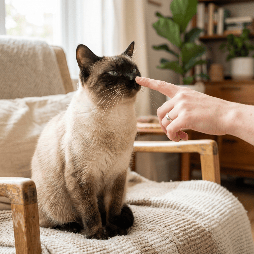 Siamese cat touching a person's fingertip with its nose
